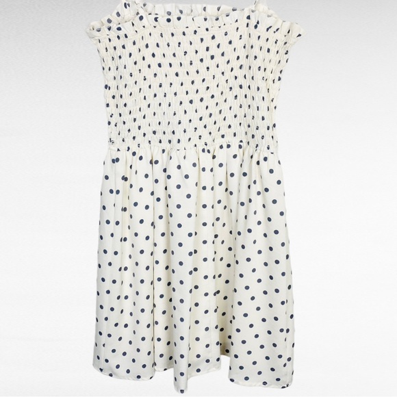 Francesca's Mi Ami | Ivory & Grey Polka Dot Belted Smocked Sleeveless Mini Dress - Picture 4 of 12